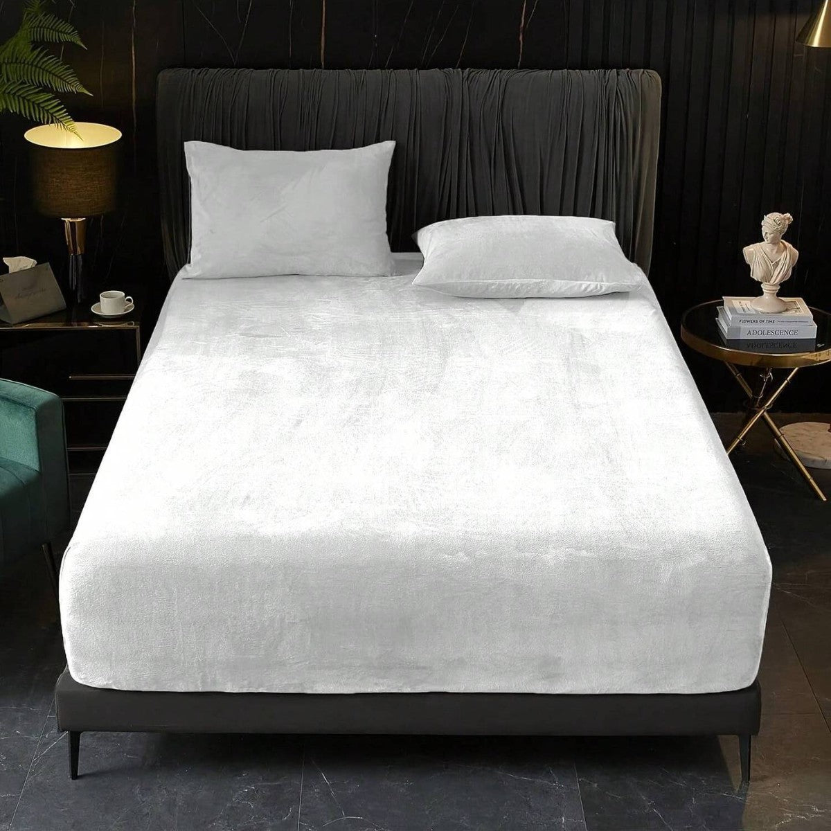 White Plush Crystal Velvet Fitted Sheet - Ultra Soft, Warm & Thick for Winter (198x203+36cm)
