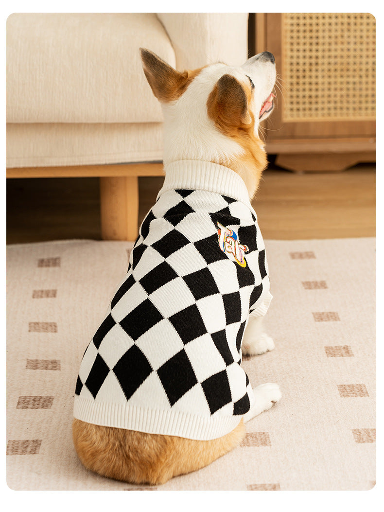 Classic Argyle Dog Sweater - Black & White Knit for Corgis & Medium Breeds (Size : M)