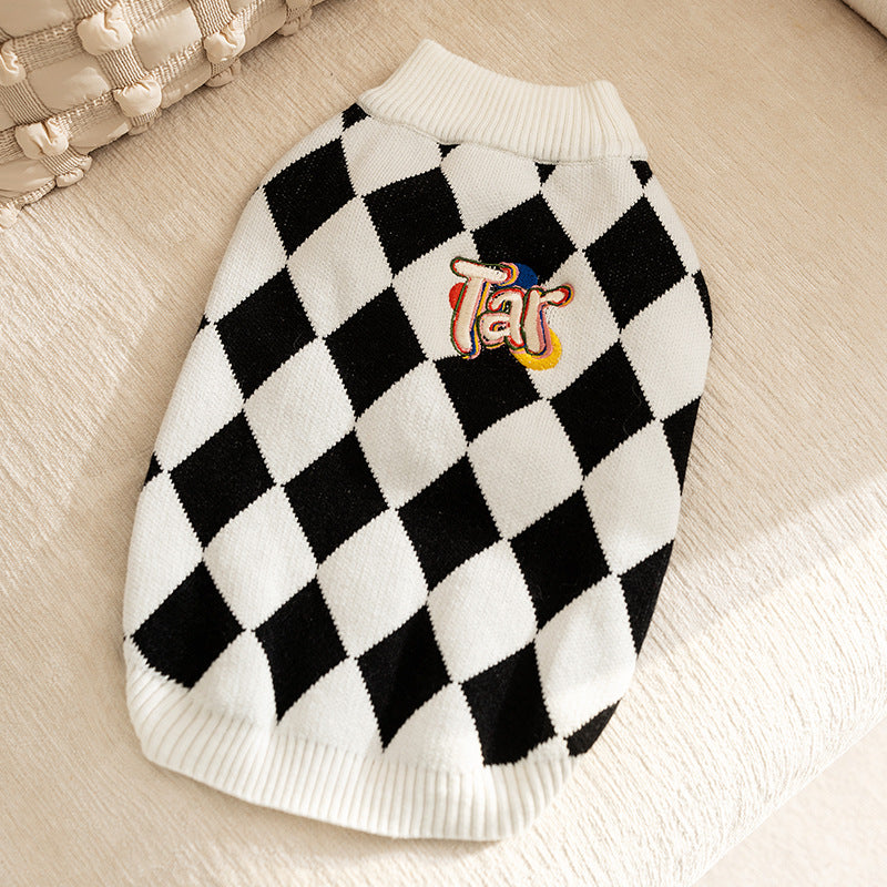 Classic Argyle Dog Sweater - Black & White Knit for Corgis & Medium Breeds (Size : L)