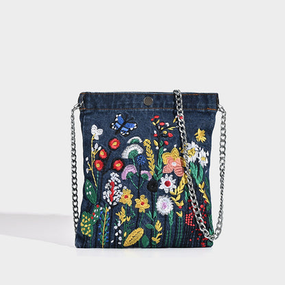Embroidered Floral Denim Crossbody Bag - Butterfly & Wildflower Design, Chain Strap