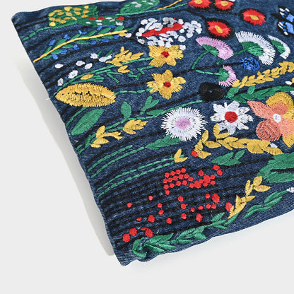 Embroidered Floral Denim Crossbody Bag - Butterfly & Wildflower Design, Chain Strap