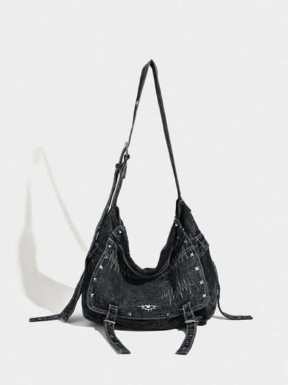 Distressed Black Denim Messenger Bag - Rivet Detail, Adjustable Strap, Large Streetwear Tote