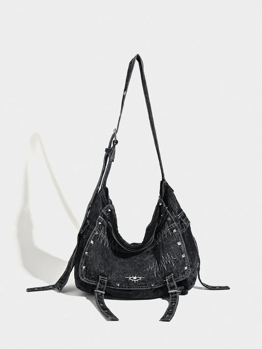 Distressed Black Denim Messenger Bag - Rivet Detail, Adjustable Strap, Large Streetwear Tote