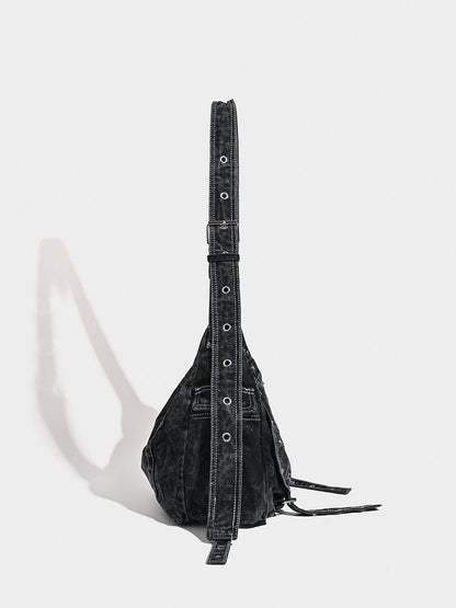 Distressed Black Denim Messenger Bag - Rivet Detail, Adjustable Strap, Large Streetwear Tote