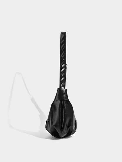 Chic Ruched Faux Leather Bag - Vintage Inspired Croissant Style, Black
