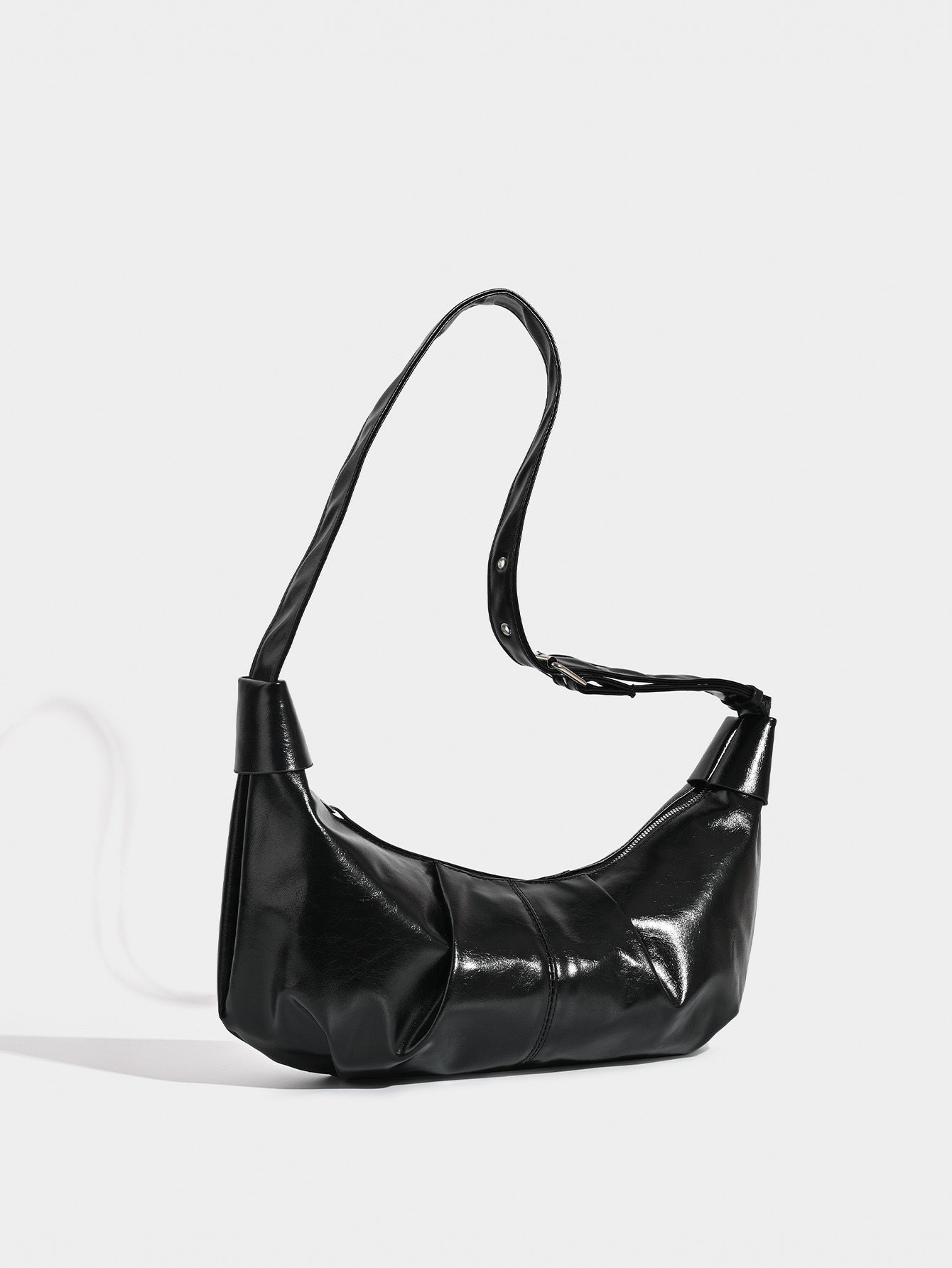 Chic Ruched Faux Leather Bag - Vintage Inspired Croissant Style, Black