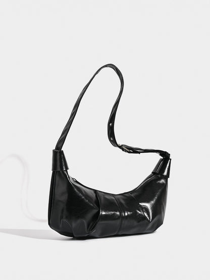 Chic Ruched Faux Leather Bag - Vintage Inspired Croissant Style, Black