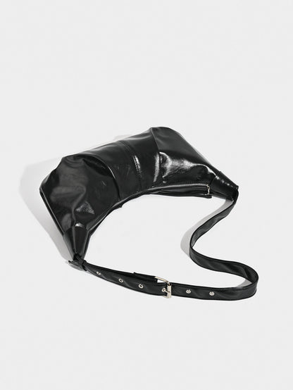 Chic Ruched Faux Leather Bag - Vintage Inspired Croissant Style, Black