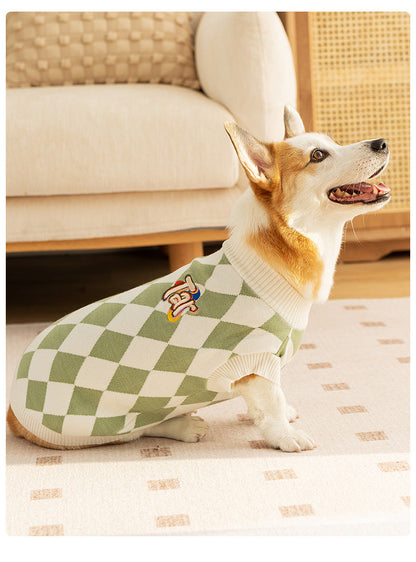 Classic Argyle Dog Sweater - Green & White Knit for Corgis & Medium Breeds (Size : S)