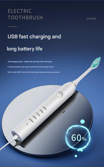 Advanced Sonic Toothbrush: 5 Cleaning Modes, 2-Min Timer, USB Fast Charge, Purple (4 brush heads)