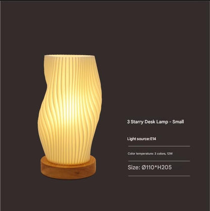 Unique Pleated Design Table Lamp - 3D Printed Washable Shade, Wooden Base, Adjustable LED (Three-star rotation)