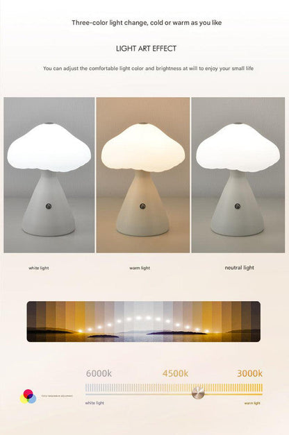 Black Mushroom LED Table Lamp - Rechargeable, 3-Color Touch Dimmable, USB-C