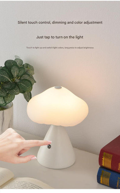 Gray Mushroom LED Table Lamp - Rechargeable, 3-Color Touch Dimmable, USB-C