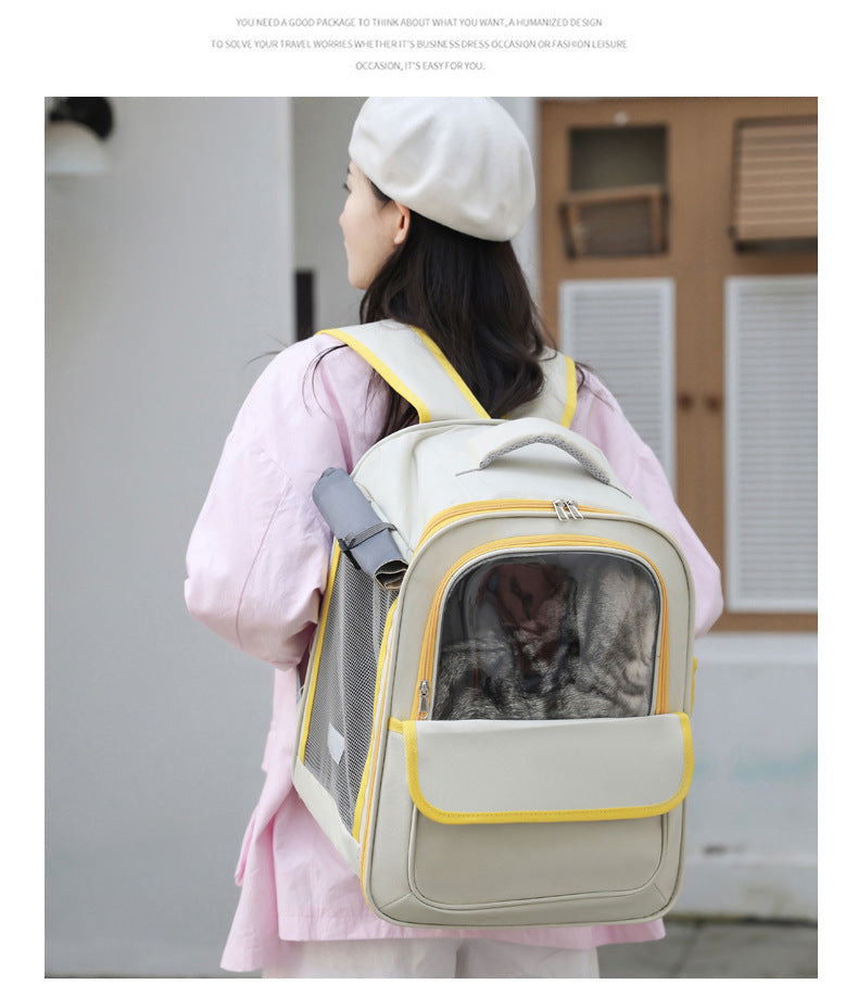 Beige And Pink Spacious Pet Carrier Backpack with Clear Window - Comfortable Travel Bag for Cats & Small Dogs