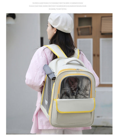 Beige And Yellow Spacious Pet Carrier Backpack with Clear Window - Comfortable Travel Bag for Cats & Small Dogs