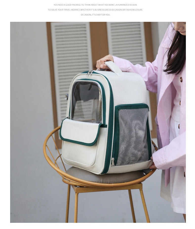 Beige And Green Spacious Pet Carrier Backpack with Clear Window - Comfortable Travel Bag for Cats & Small Dogs