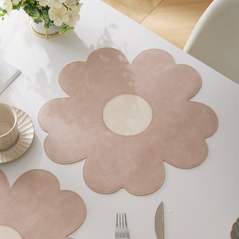 White Background With Yellow Heart + Blue Heart Set of 6 Reversible Flower Shaped Placemats - Waterproof PU Leather Dining Table Mats