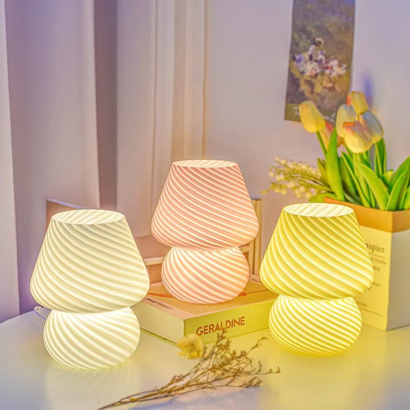 Pink Retro Swirl Glass Mushroom Table Lamp - USB Powered 3-Level Dimmable Bedside Accent Light