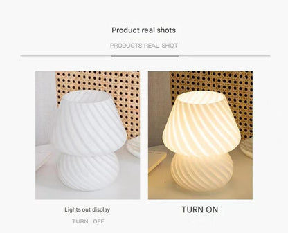 Yellow Retro Swirl Glass Mushroom Table Lamp - USB Powered 3-Level Dimmable Bedside Accent Light