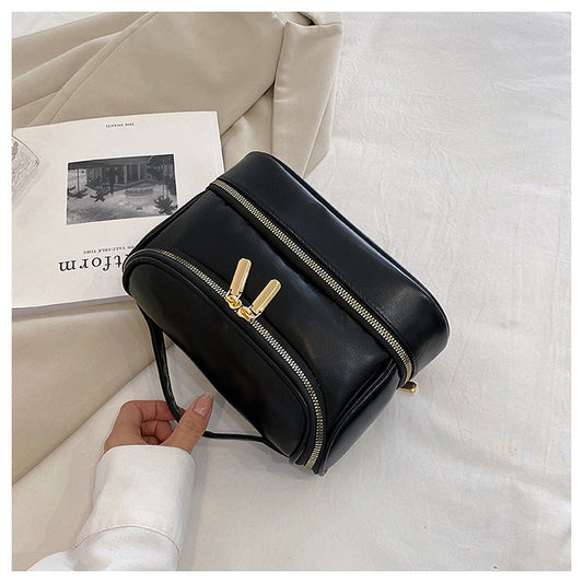 Black Large Capacity Double Layer PU Leather Makeup Bag - Portable Travel Cosmetic Organizer Case