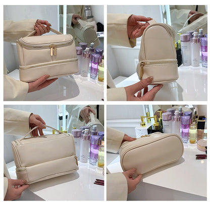 Brown Large Capacity Double Layer PU Leather Makeup Bag - Portable Travel Cosmetic Organizer Case