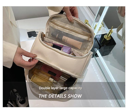 Brown Large Capacity Double Layer PU Leather Makeup Bag - Portable Travel Cosmetic Organizer Case