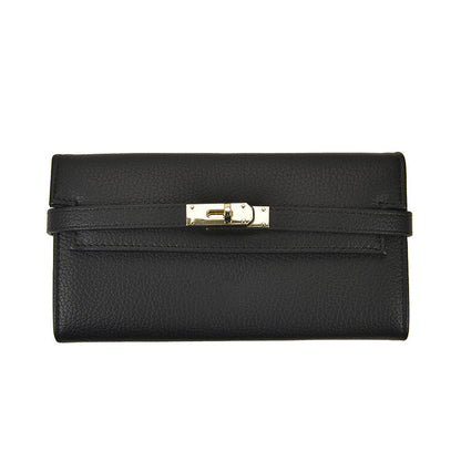 Black Elegant Women's Turn Lock Long Wallet - Black PU Leather Clutch Purse with Card Slots & Zipper Pocket
