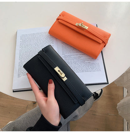 Black Elegant Women's Turn Lock Long Wallet - Black PU Leather Clutch Purse with Card Slots & Zipper Pocket