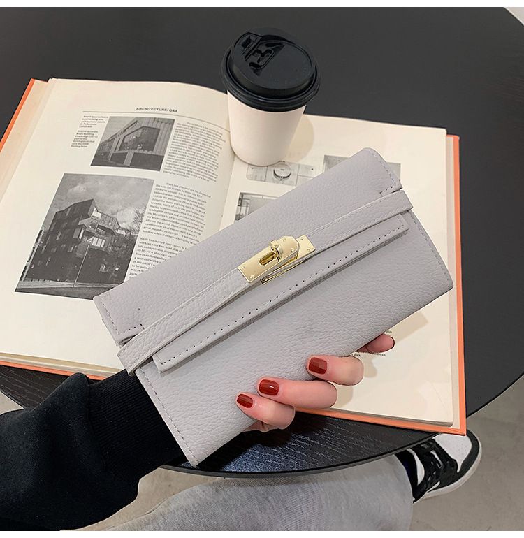 Grey Elegant Women's Turn Lock Long Wallet - Black PU Leather Clutch Purse with Card Slots & Zipper Pocket