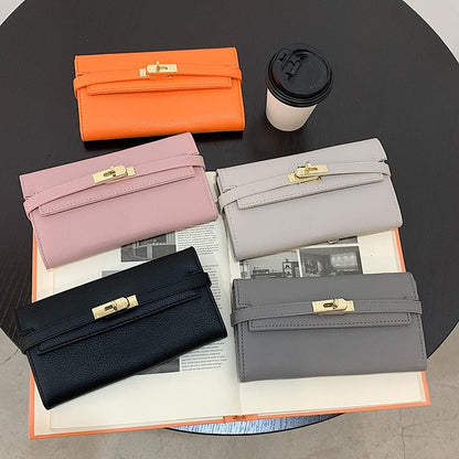 Grey Elegant Women's Turn Lock Long Wallet - Black PU Leather Clutch Purse with Card Slots & Zipper Pocket