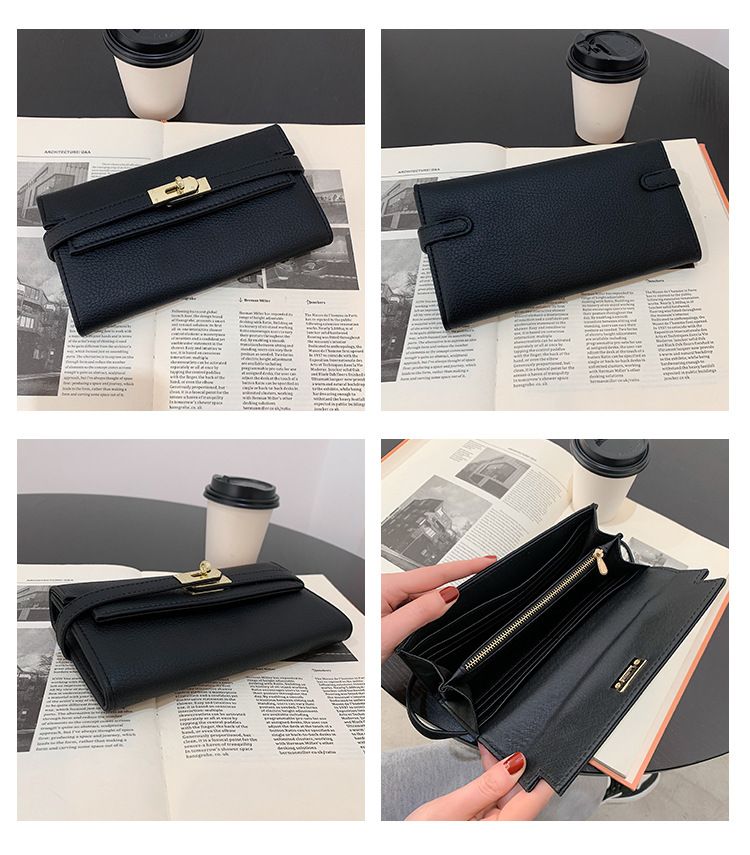 Grey Elegant Women's Turn Lock Long Wallet - Black PU Leather Clutch Purse with Card Slots & Zipper Pocket