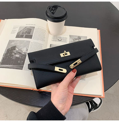 Grey Elegant Women's Turn Lock Long Wallet - Black PU Leather Clutch Purse with Card Slots & Zipper Pocket
