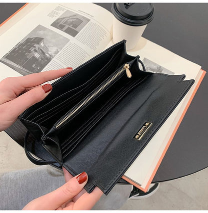 Grey Elegant Women's Turn Lock Long Wallet - Black PU Leather Clutch Purse with Card Slots & Zipper Pocket