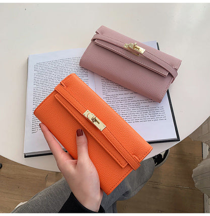 Orange Elegant Women's Turn Lock Long Wallet - Black PU Leather Clutch Purse with Card Slots & Zipper Pocket