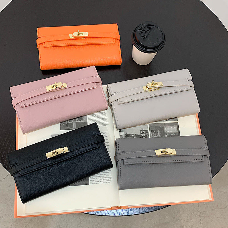 Pink Elegant Women's Turn Lock Long Wallet - Black PU Leather Clutch Purse with Card Slots & Zipper Pocket