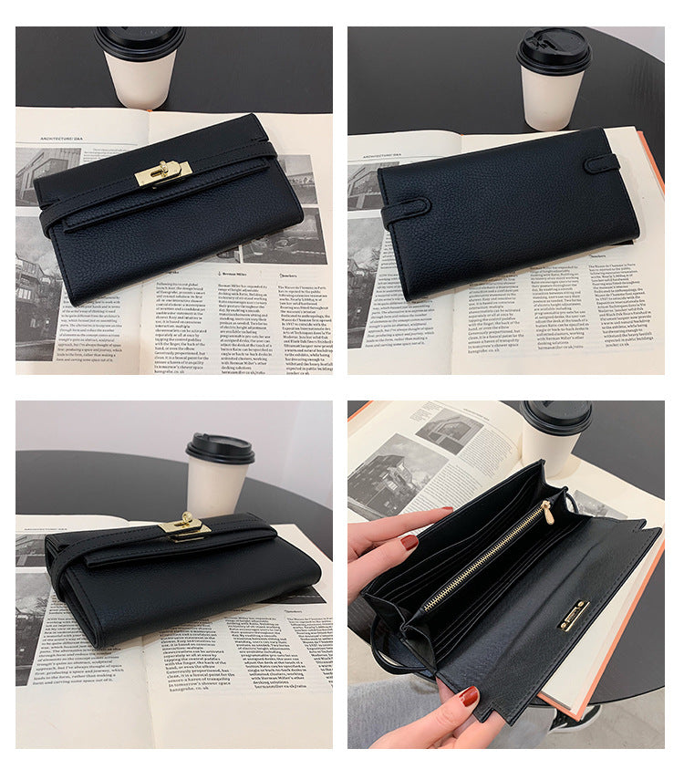 Pink Elegant Women's Turn Lock Long Wallet - Black PU Leather Clutch Purse with Card Slots & Zipper Pocket