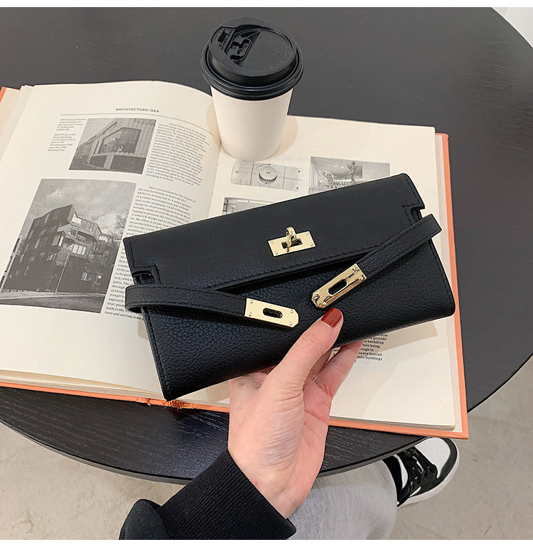 Pink Elegant Women's Turn Lock Long Wallet - Black PU Leather Clutch Purse with Card Slots & Zipper Pocket