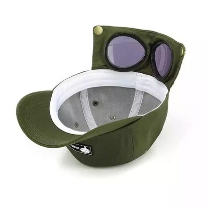 Black Stylish Aviator Goggle Baseball Cap - Unisex Outdoor Cotton Sun Hat