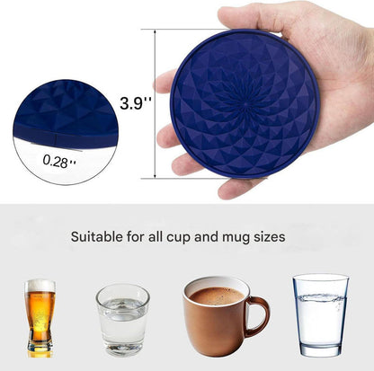 Black Geometric Silicone Drink Coasters Set (6 Pack) with Holder - Non-Slip Table Protectors