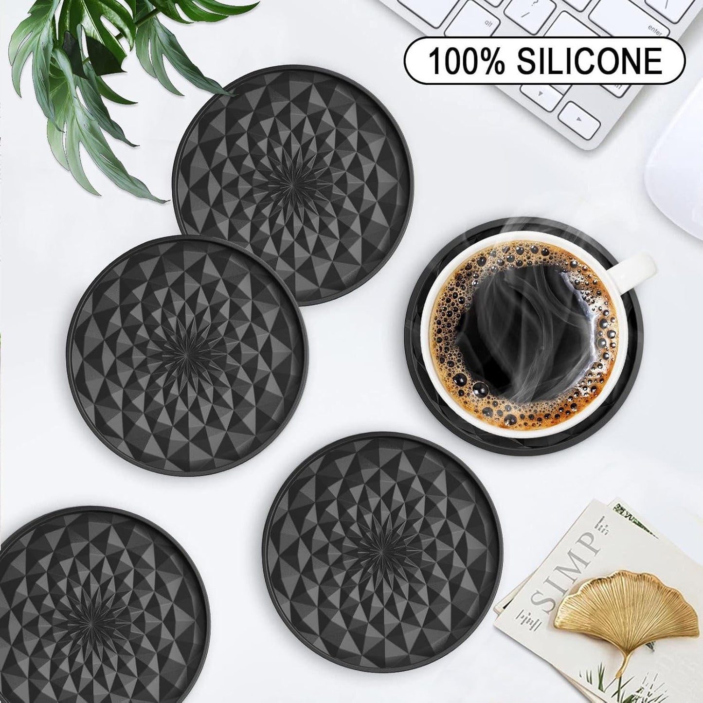 Black Geometric Silicone Drink Coasters Set (6 Pack) with Holder - Non-Slip Table Protectors