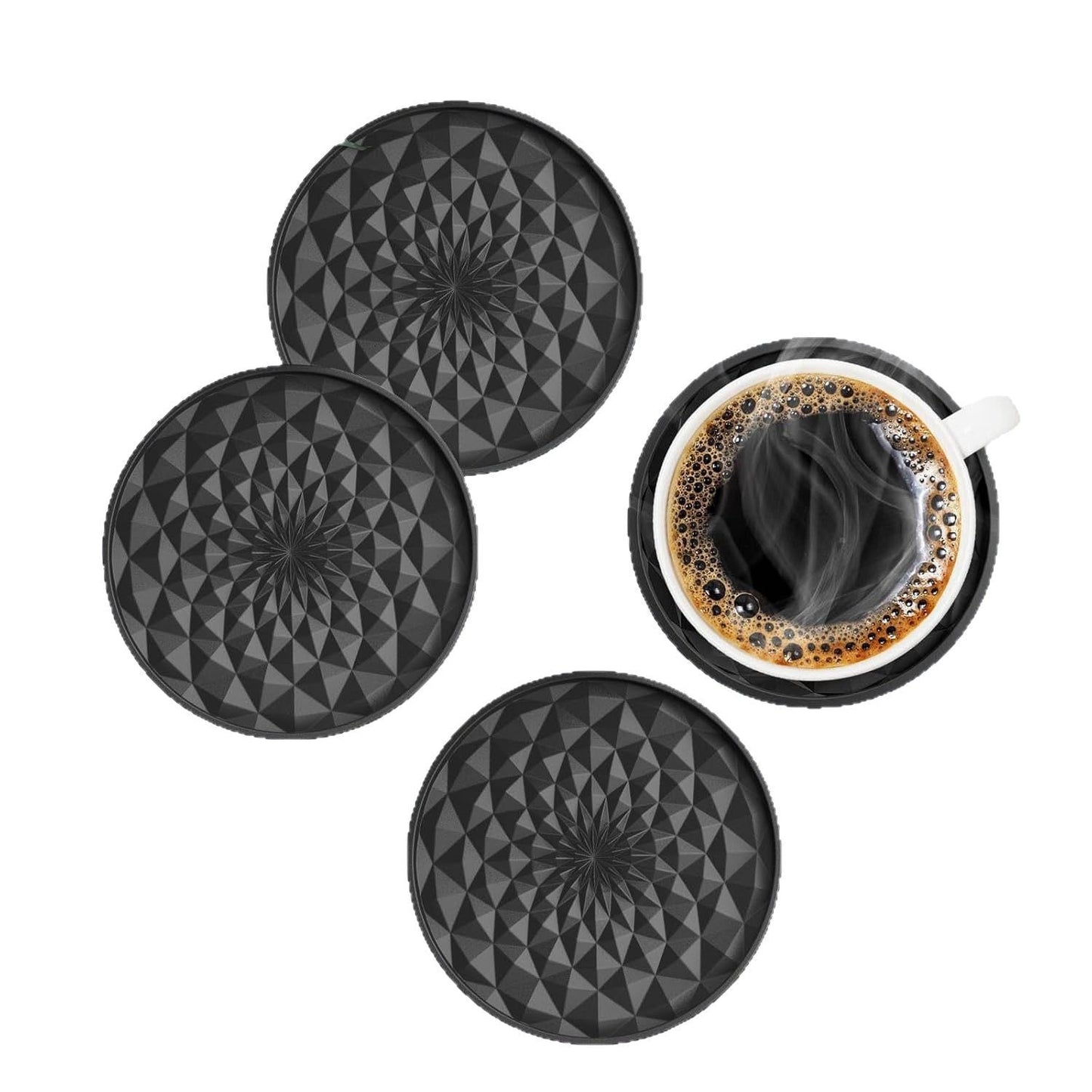 Red and Black Geometric Silicone Drink Coasters Set (6 Pack) with Holder - Non-Slip Table Protectors