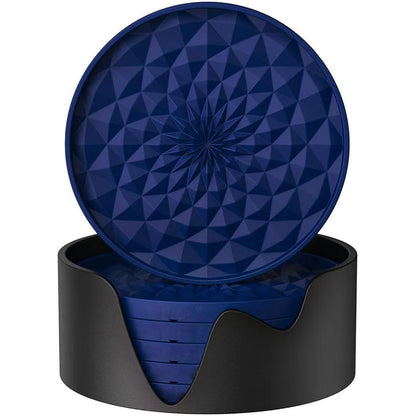 Dark Blue and Black Geometric Silicone Drink Coasters Set (6 Pack) with Holder - Non-Slip Table Protectors