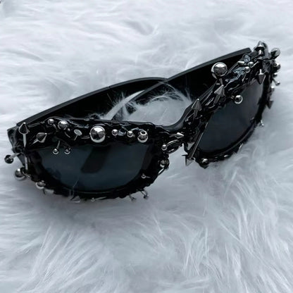 Green Edgy Punk Rock Spiked Sunglasses - Statement Goth Studded Eyewear