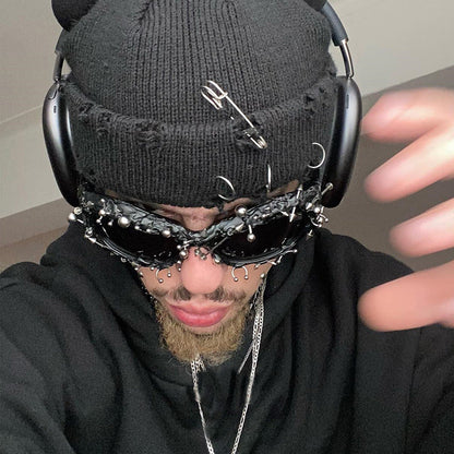 Green Edgy Punk Rock Spiked Sunglasses - Statement Goth Studded Eyewear