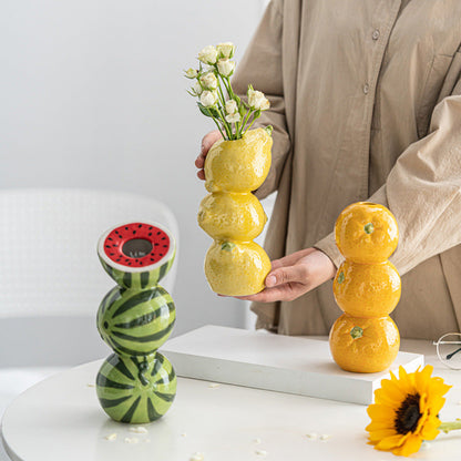 Yellow Zesty Stacked Lemon Ceramic Vase - Cheerful Nordic Tabletop Decor