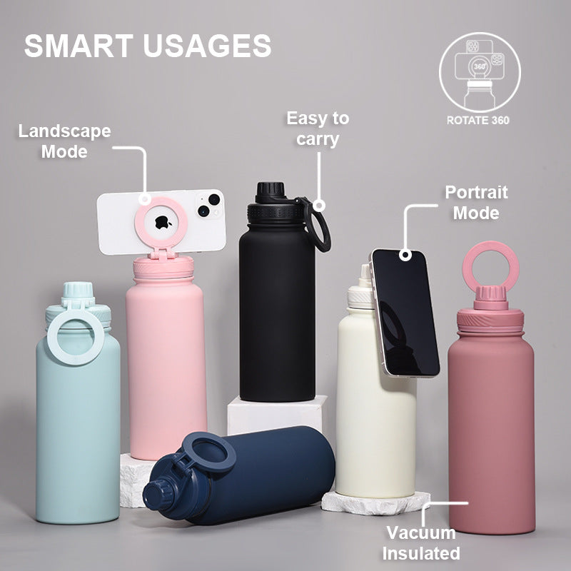 Brown 1L Stainless Steel Water Bottle with Magnetic Phone Holder Lid - Portable Hydration & Hands-Free Stand