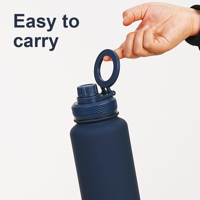 Brown 1L Stainless Steel Water Bottle with Magnetic Phone Holder Lid - Portable Hydration & Hands-Free Stand