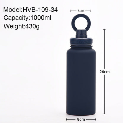 Brown 1L Stainless Steel Water Bottle with Magnetic Phone Holder Lid - Portable Hydration & Hands-Free Stand