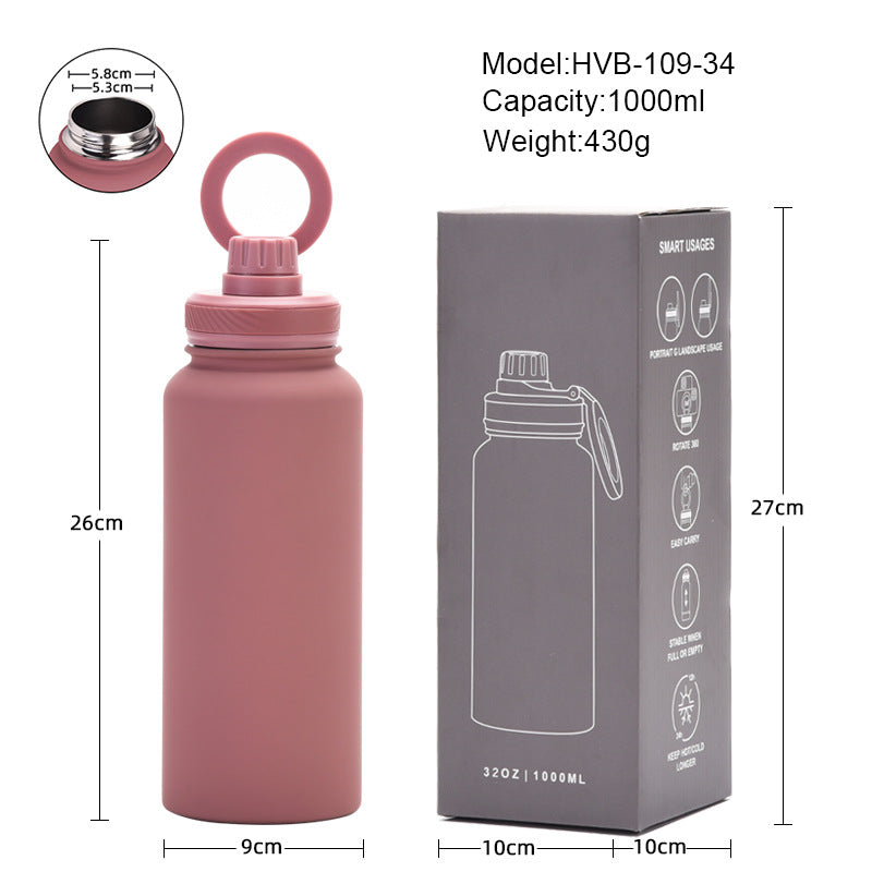 Brown 1L Stainless Steel Water Bottle with Magnetic Phone Holder Lid - Portable Hydration & Hands-Free Stand