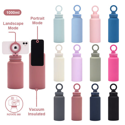 Rose Red 1L Stainless Steel Water Bottle with Magnetic Phone Holder Lid - Portable Hydration & Hands-Free Stand